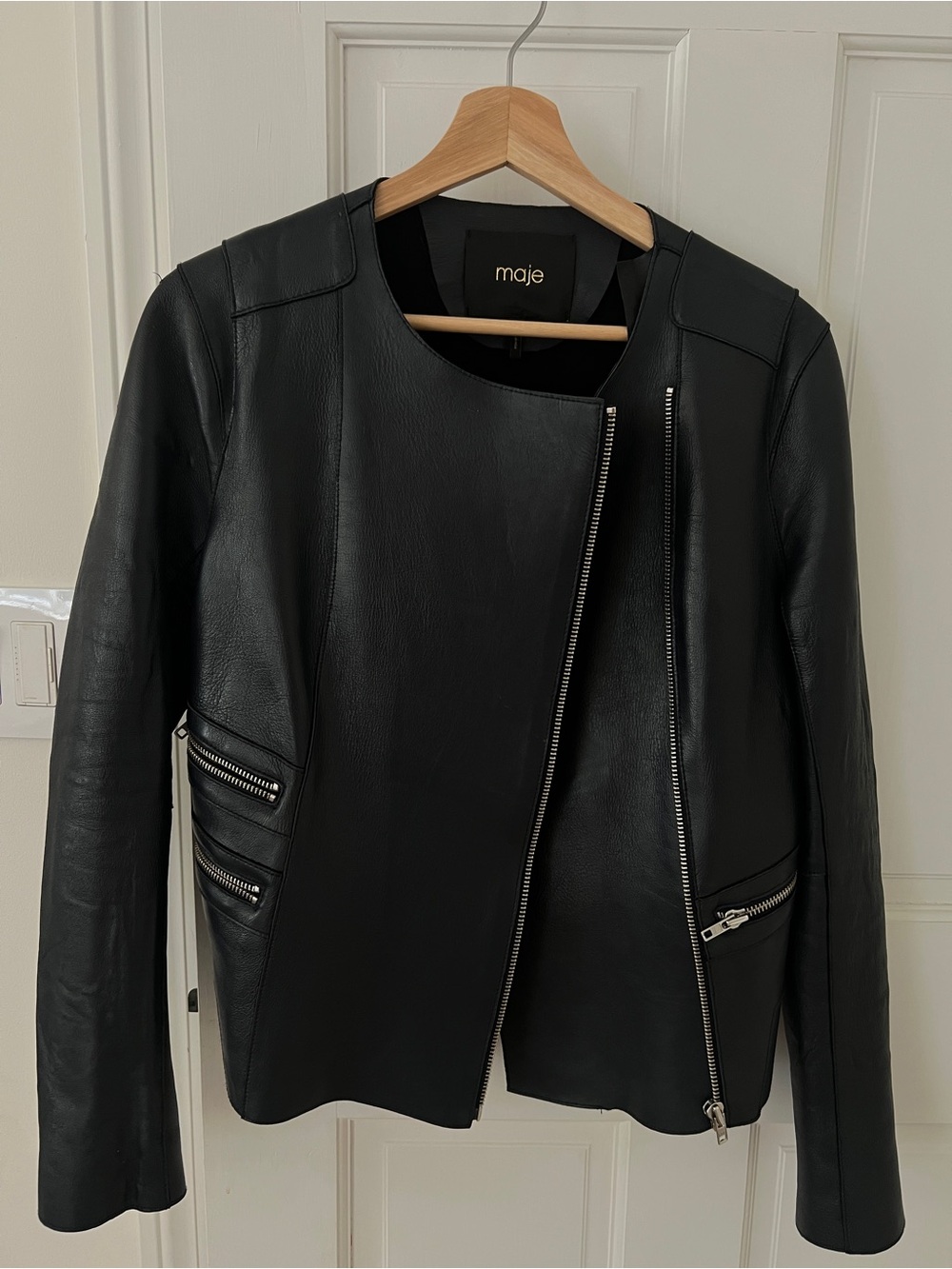 Maje Navy Leather Asymmetric Jacket